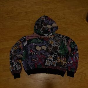 Graphic Monster Print Hoodie Jacket - Purple Multi